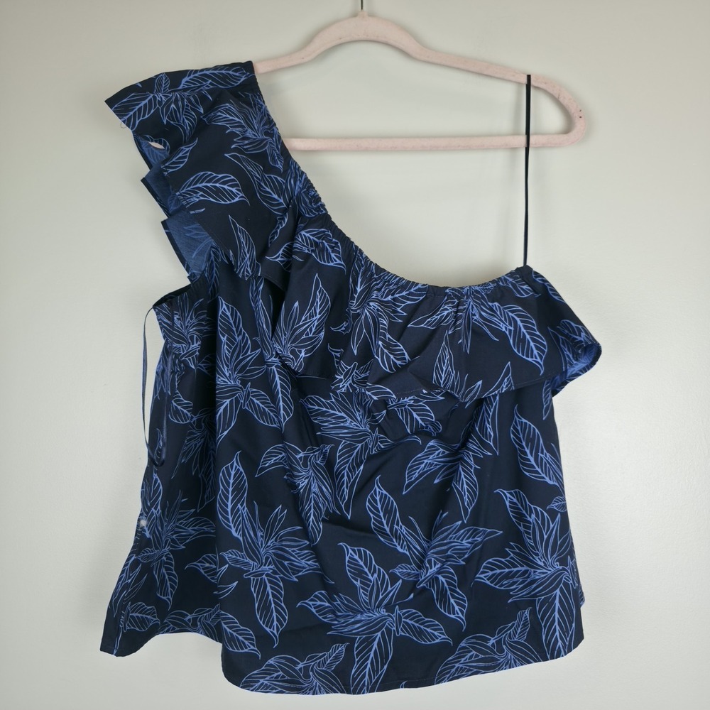 Banana Republic Blue Tropical Floral One Shoulder Ruffled Top Women's Large.D139